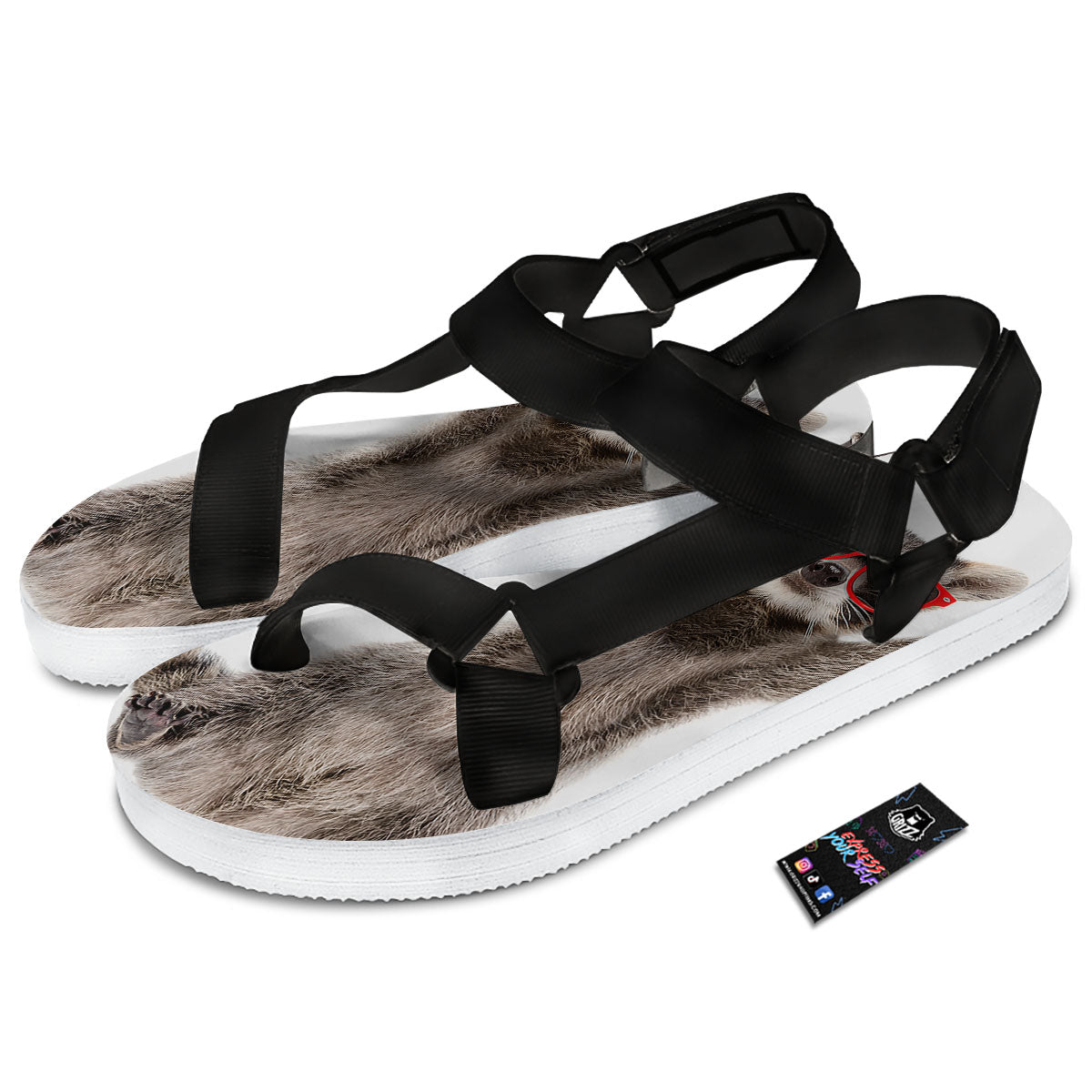 Funny Raccoon Print Black Open Toe Sandals-grizzshop