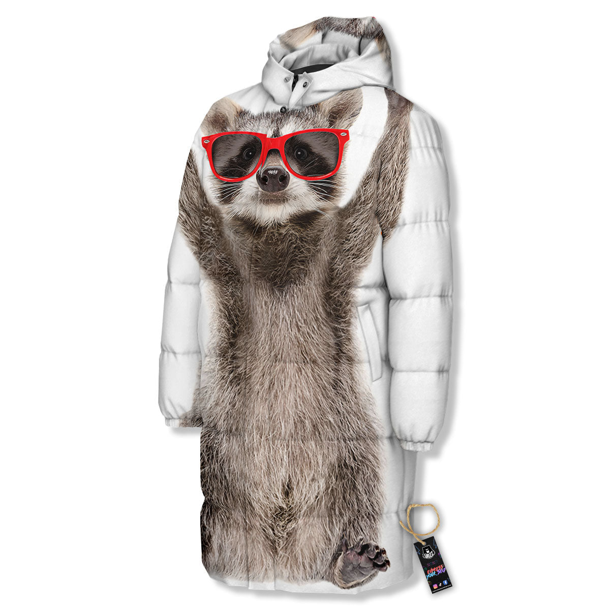 Funny Raccoon Print Long Down Jacket-grizzshop
