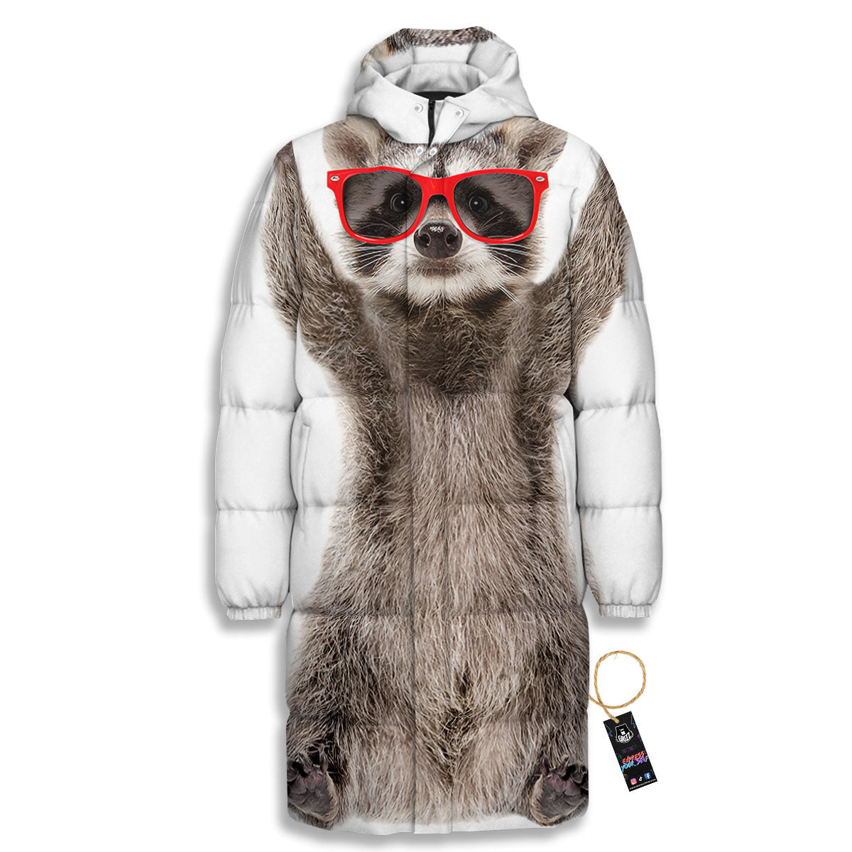 Funny Raccoon Print Long Down Jacket-grizzshop