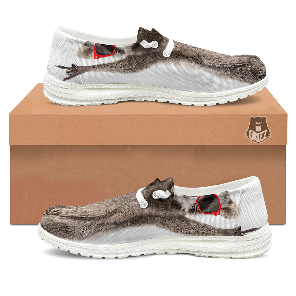 Funny Raccoon Print White Loafers-grizzshop