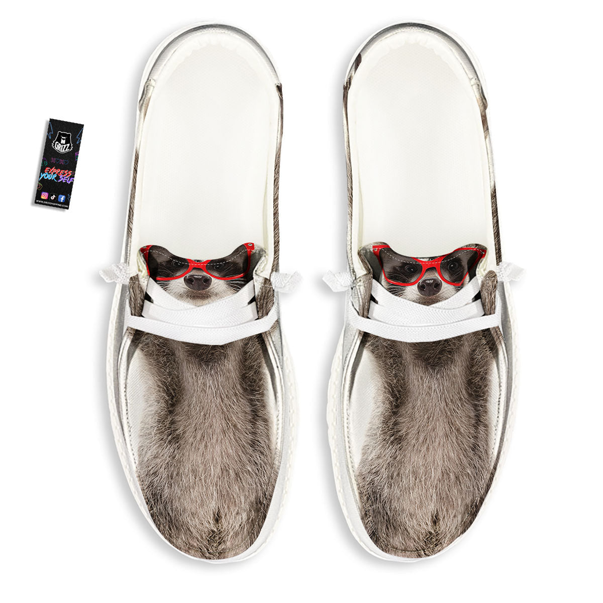 Funny Raccoon Print White Loafers-grizzshop