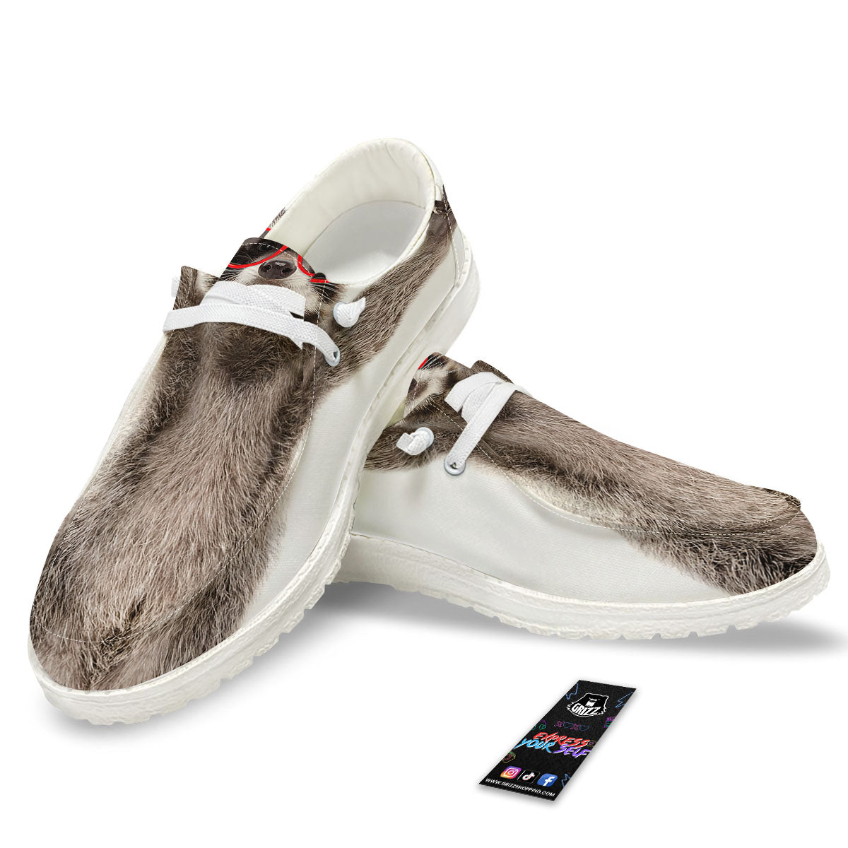Funny Raccoon Print White Loafers-grizzshop