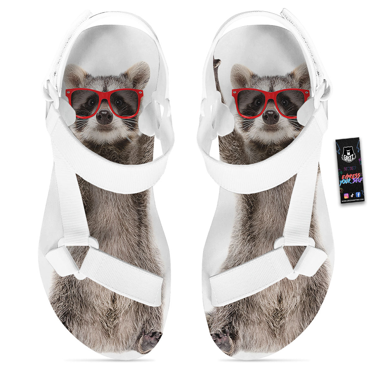 Funny Raccoon Print White Open Toe Sandals-grizzshop