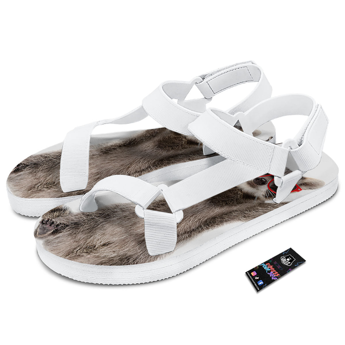 Funny Raccoon Print White Open Toe Sandals-grizzshop