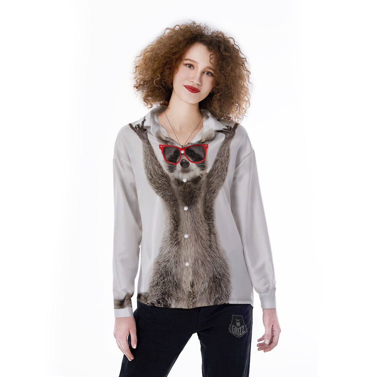 Funny Raccoon Print Women's Long Sleeve Shirts-grizzshop