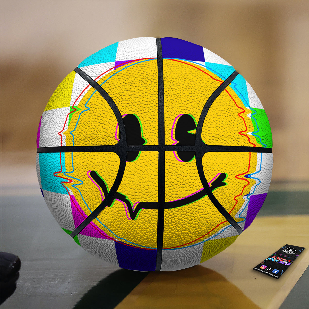 Funny Crazy Glitch And Checkered Neon Print Basketball