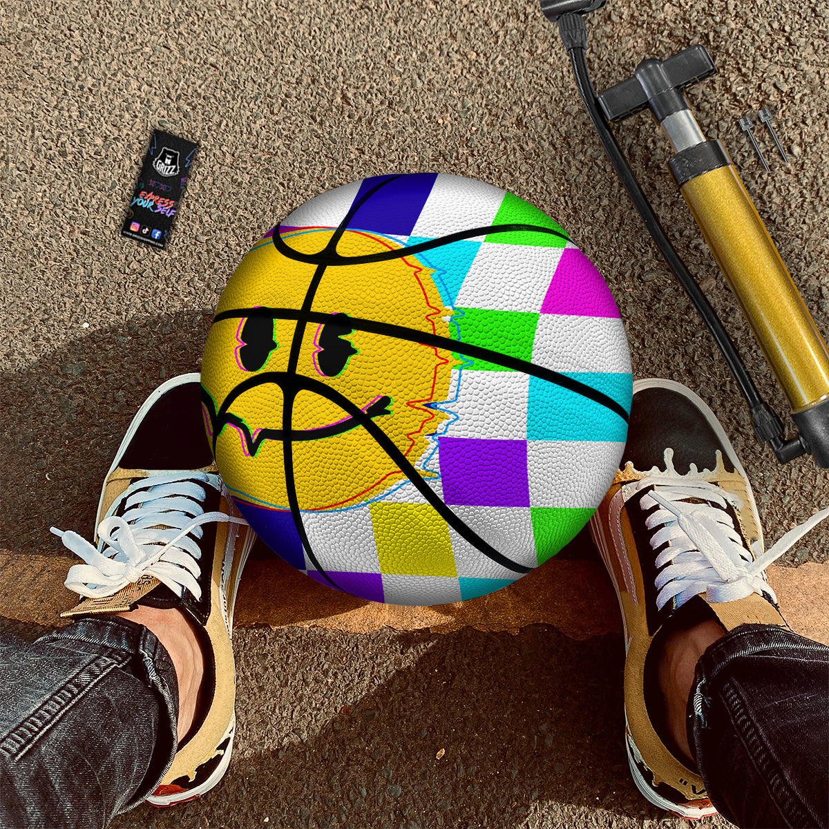 Funny Crazy Glitch And Checkered Neon Print Basketball