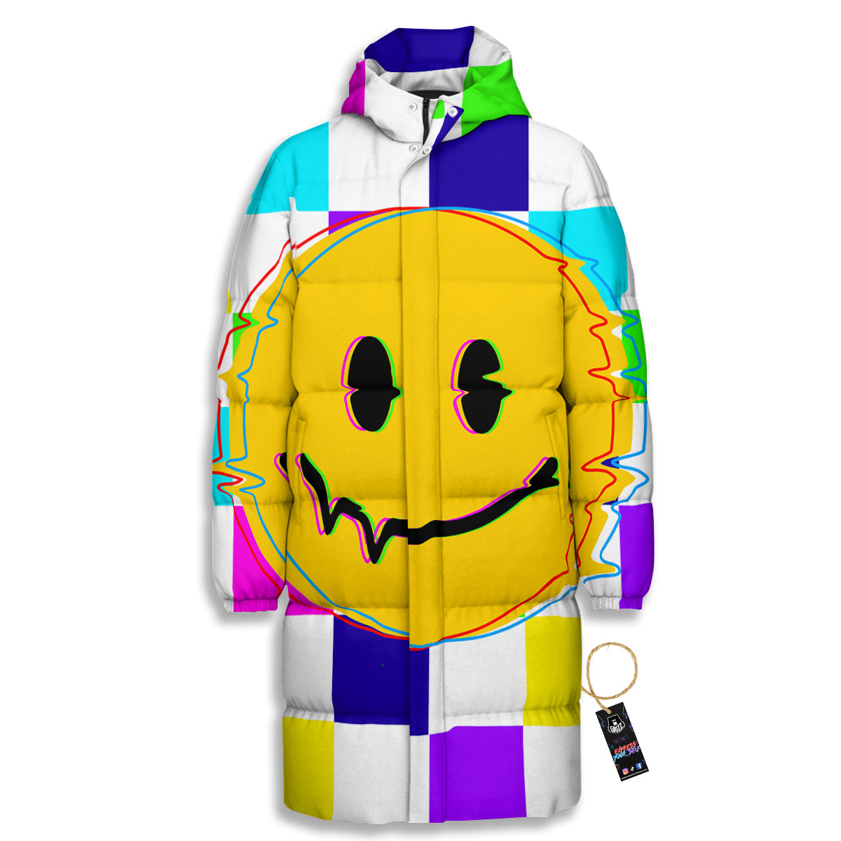Funny Crazy Glitch And Checkered Neon Print Long Down Jacket
