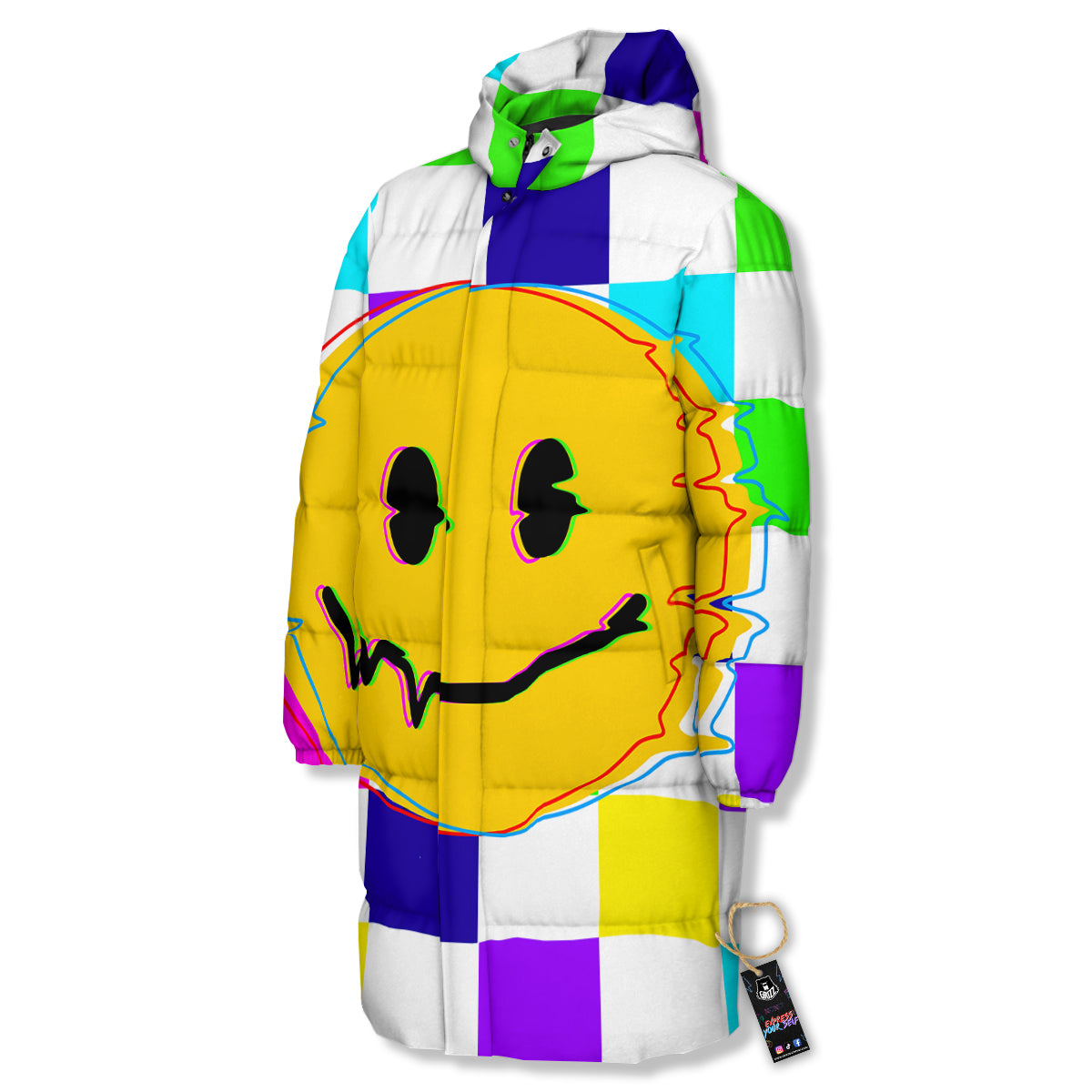 Funny Crazy Glitch And Checkered Neon Print Long Down Jacket
