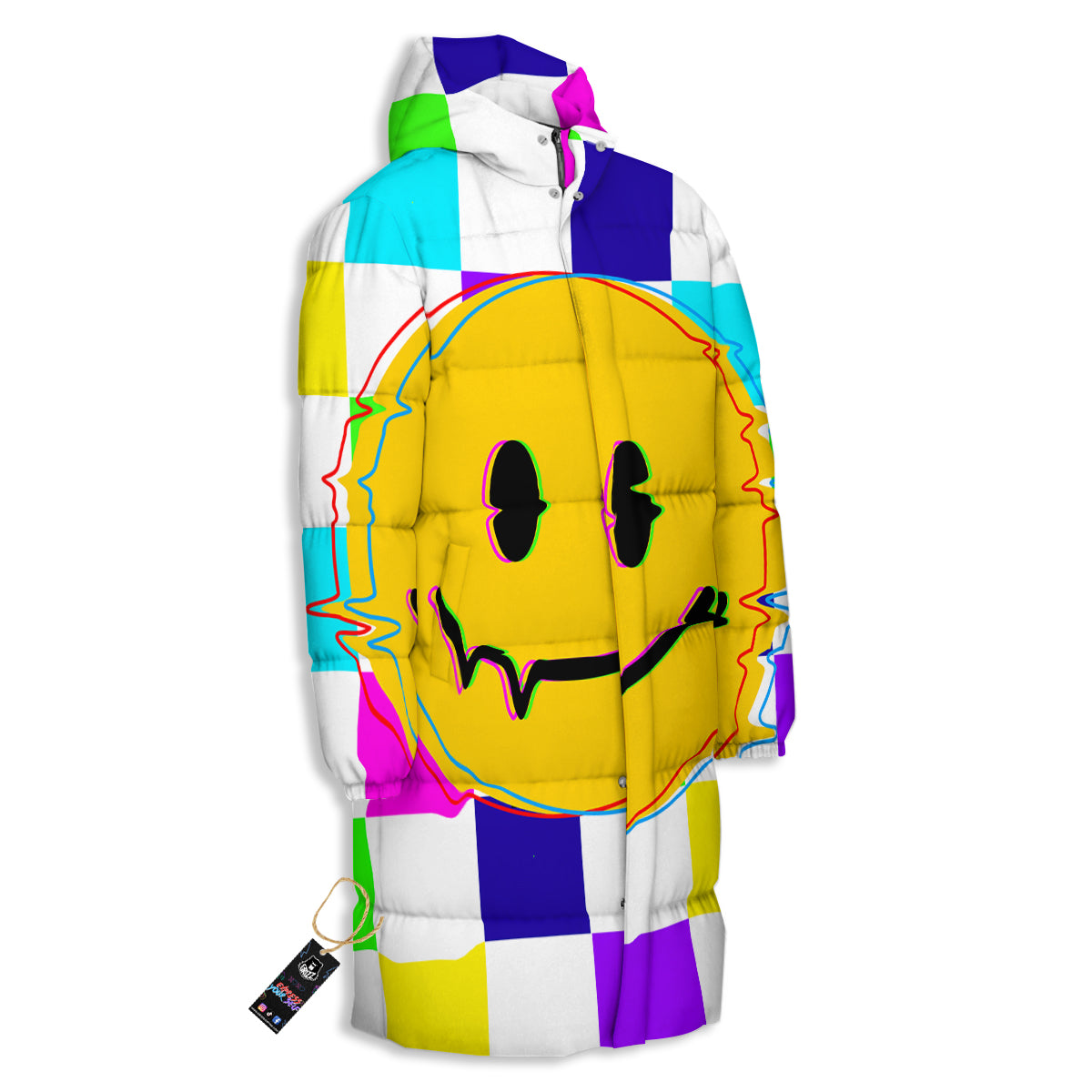 Funny Crazy Glitch And Checkered Neon Print Long Down Jacket