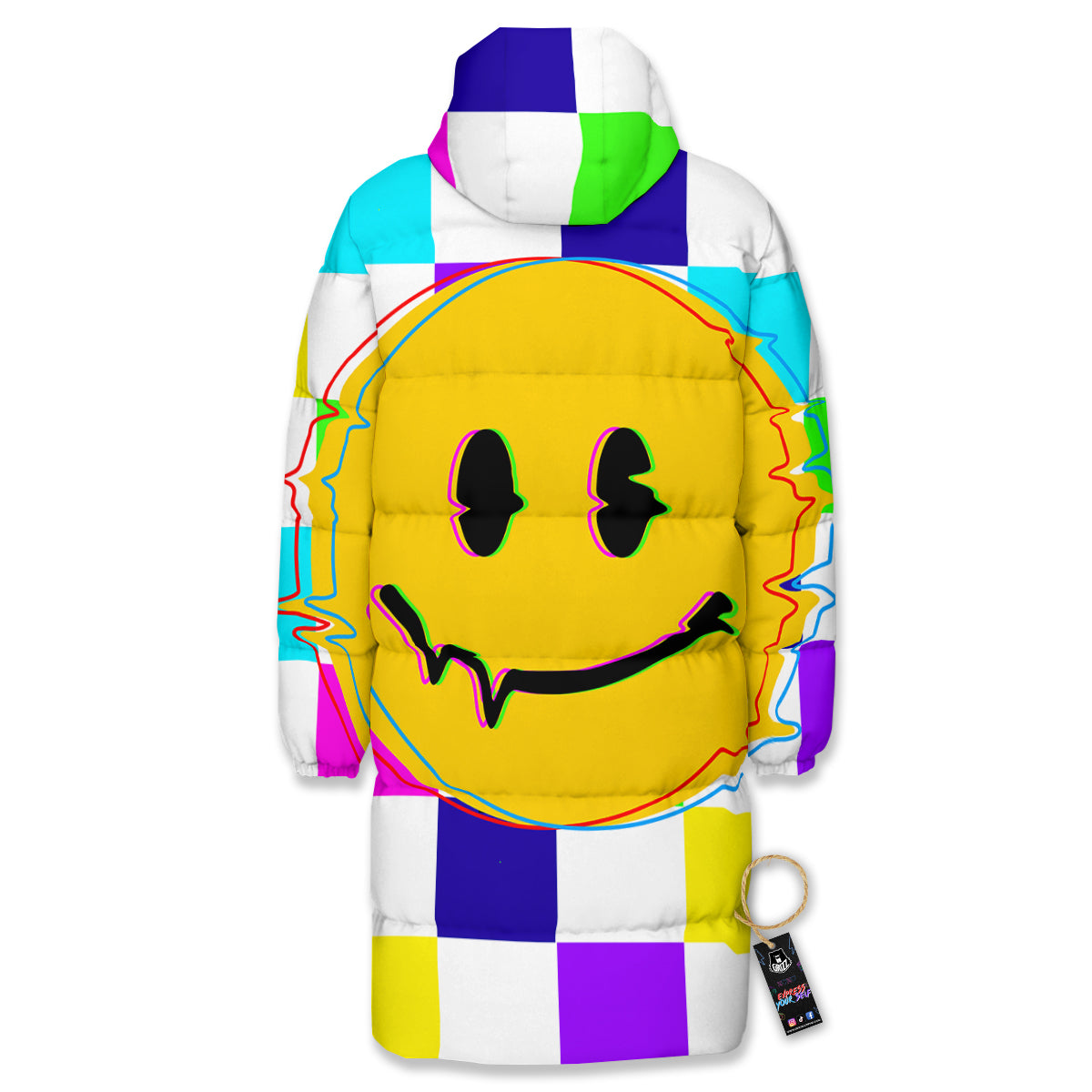 Funny Crazy Glitch And Checkered Neon Print Long Down Jacket
