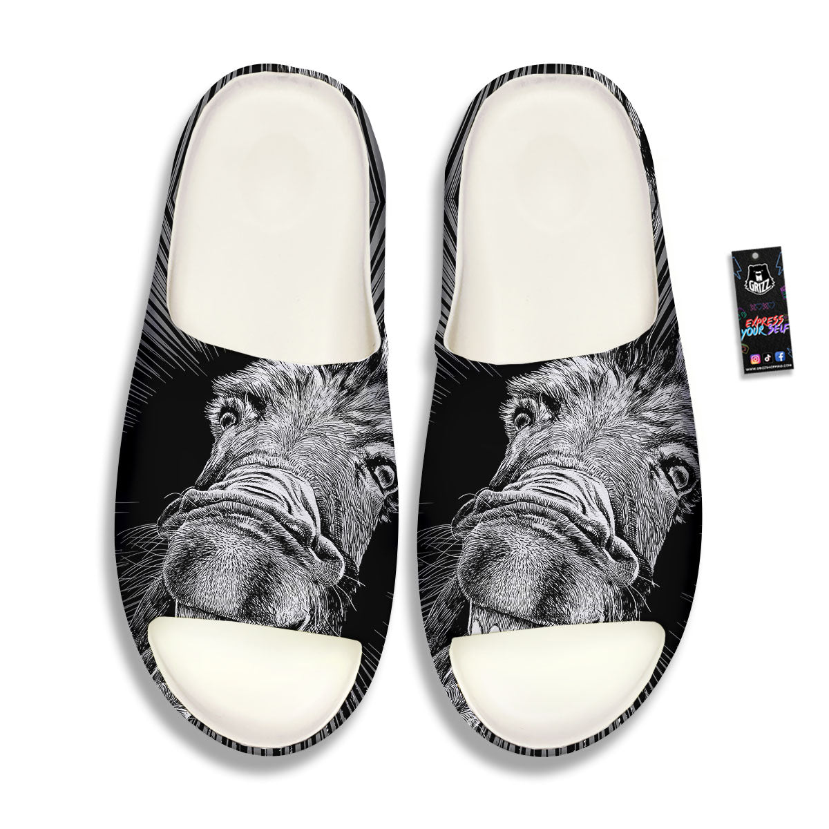Funny Donkey White And Black Print Sandals-grizzshop