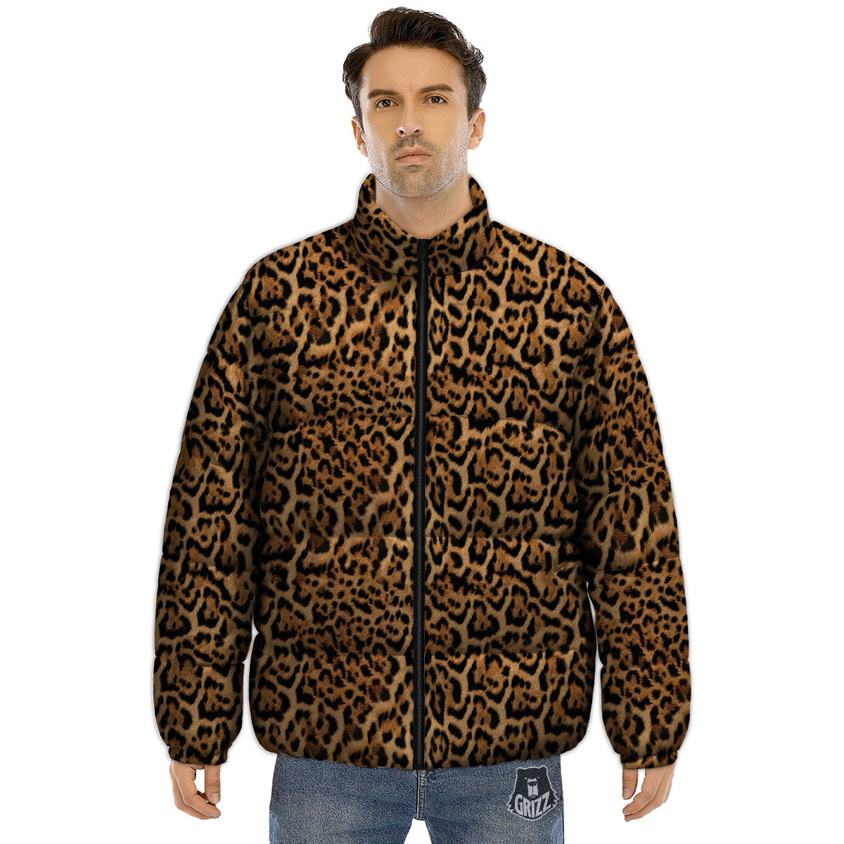 Fur Jaguar Print Pattern Puffer Jacket-grizzshop