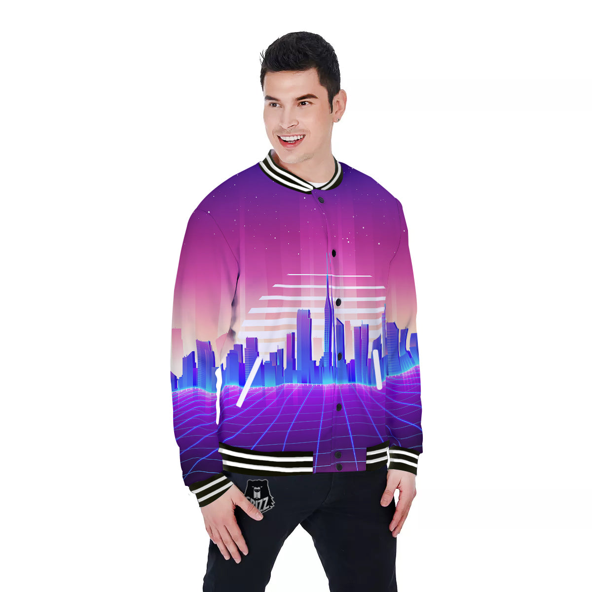 Futuristic City Print Baseball Jacket-grizzshop