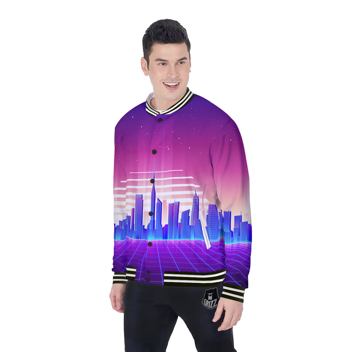 Futuristic City Print Baseball Jacket-grizzshop