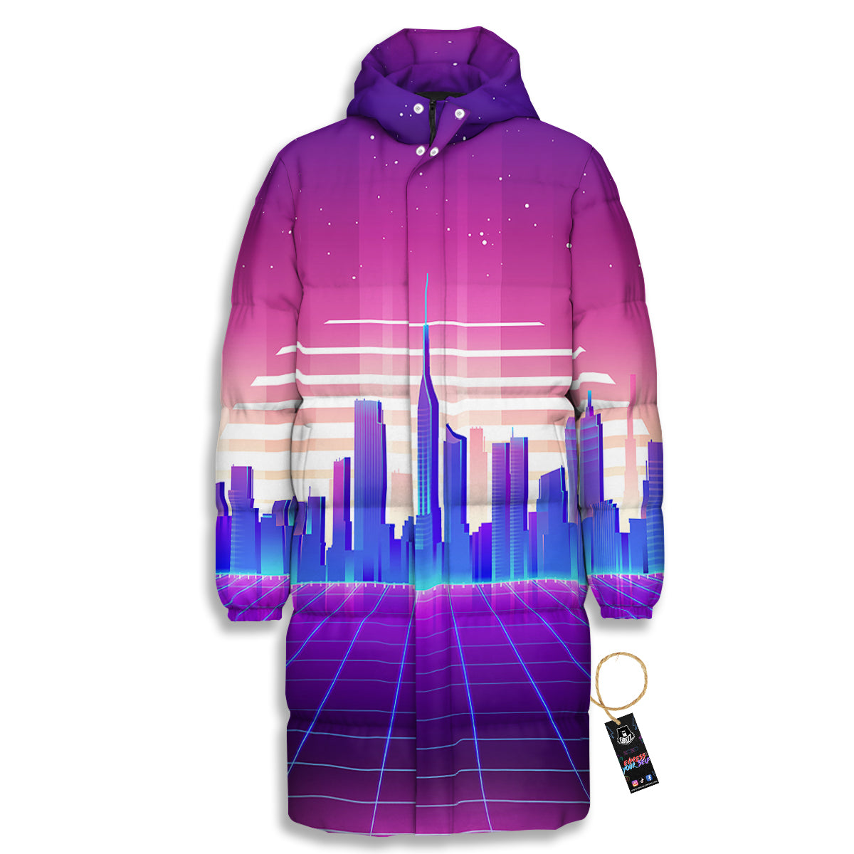 Futuristic City Print Long Down Jacket-grizzshop