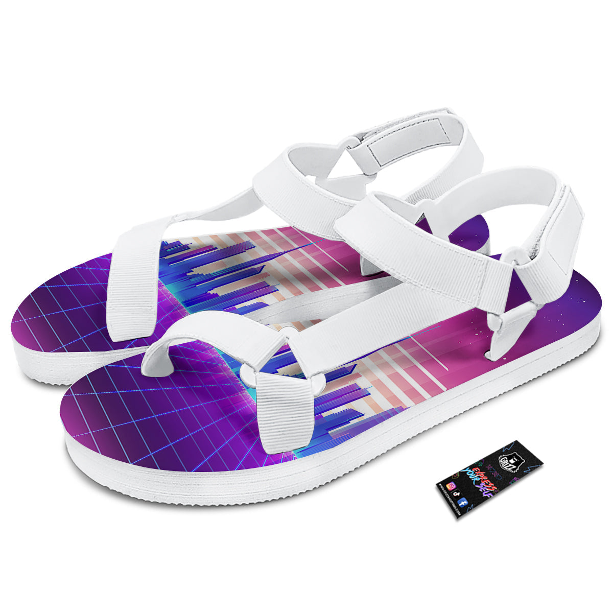 Futuristic City Print White Open Toe Sandals-grizzshop