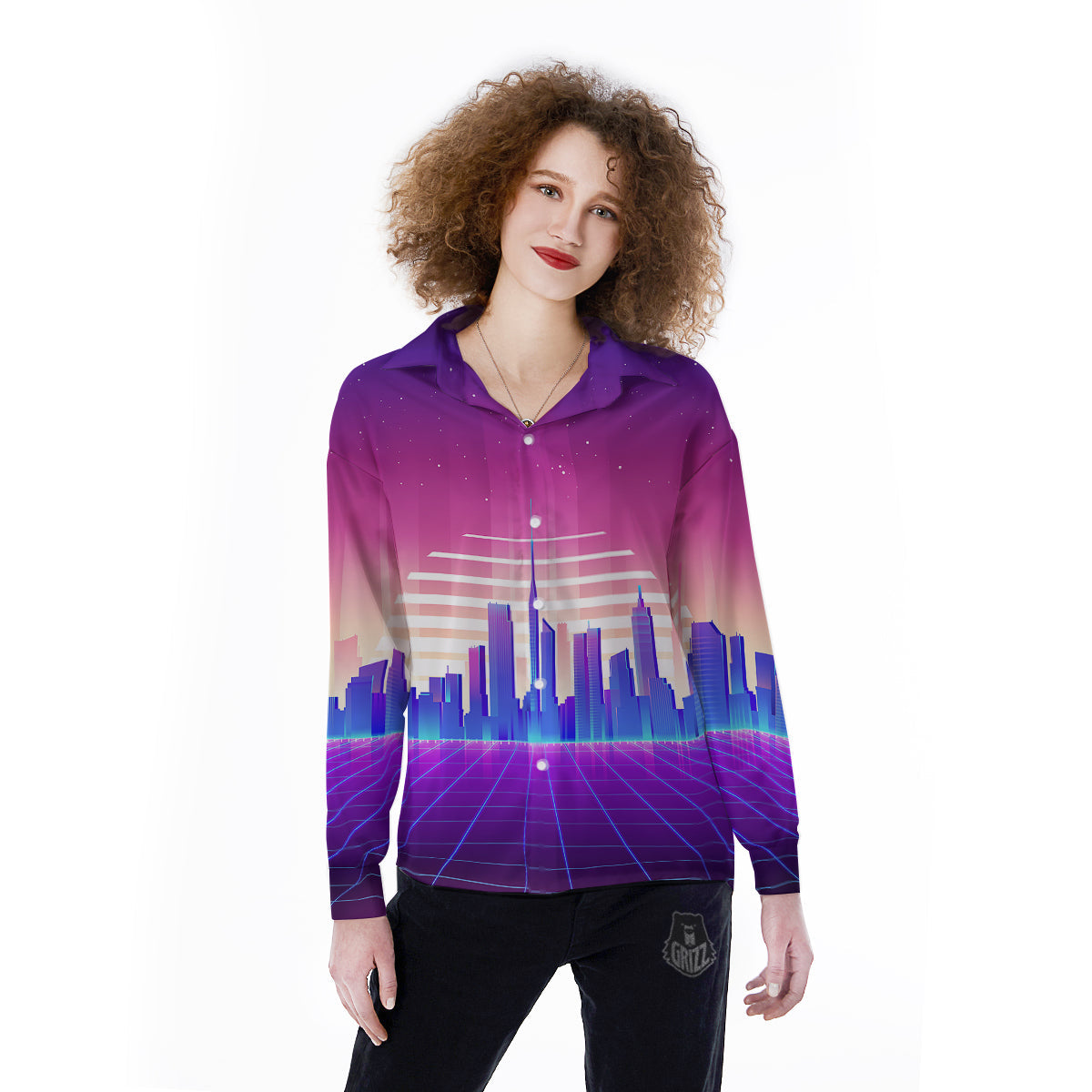 Futuristic City Print Women's Long Sleeve Shirts-grizzshop
