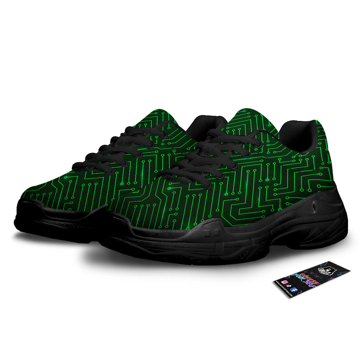 Futuristic Green Circuit Board Print Black Chunky Shoes-grizzshop