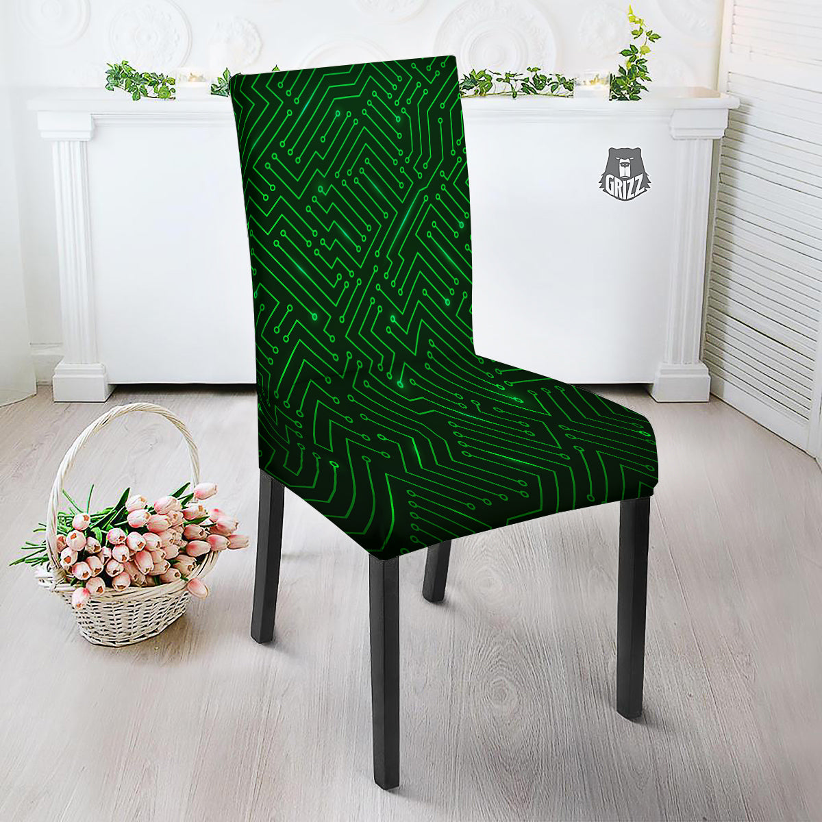 Futuristic Green Circuit Board Print Dining Chair Slipcover-grizzshop