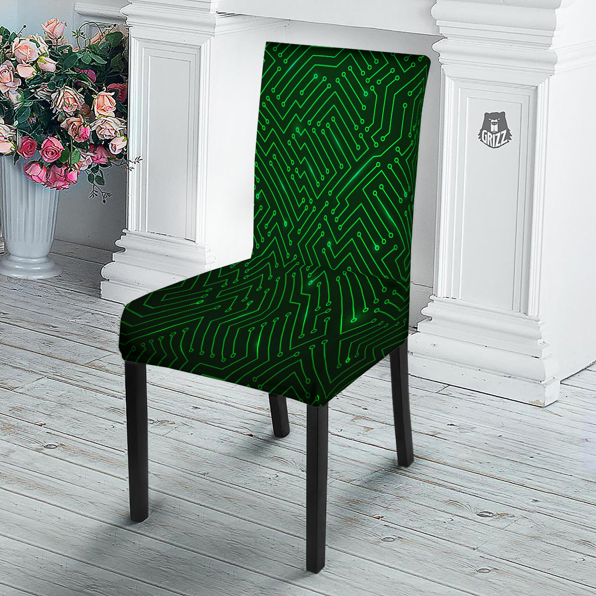 Futuristic Green Circuit Board Print Dining Chair Slipcover-grizzshop