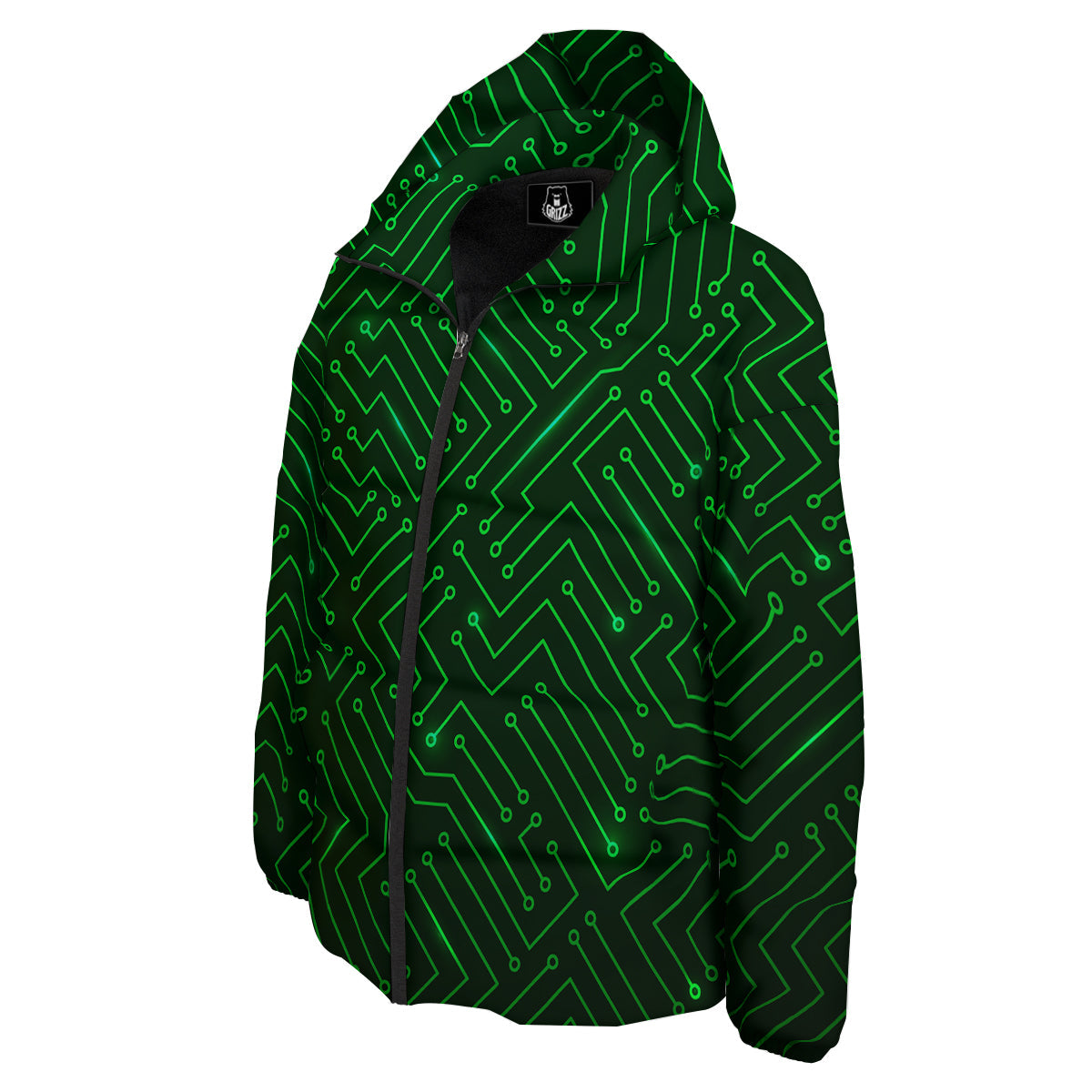 Futuristic Green Circuit Board Print Down Jacket-grizzshop