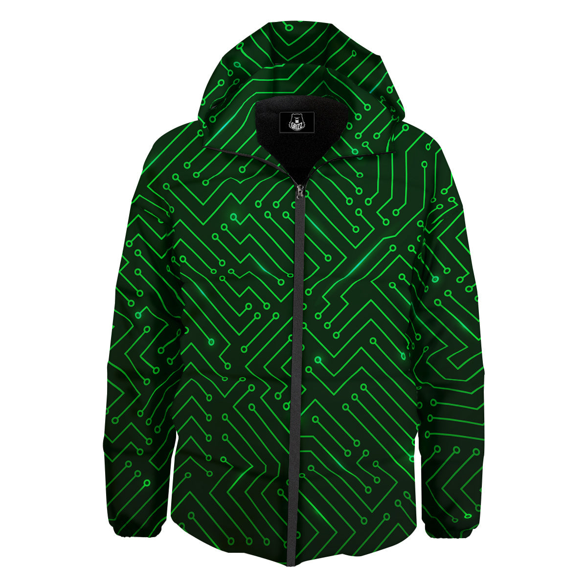 Futuristic Green Circuit Board Print Down Jacket-grizzshop