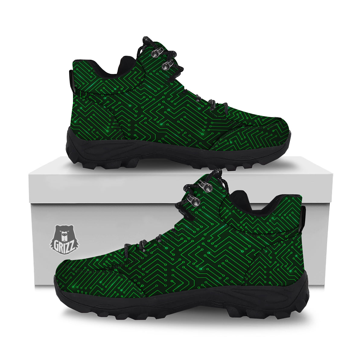 Futuristic Green Circuit Board Print Hiking Shoes-grizzshop