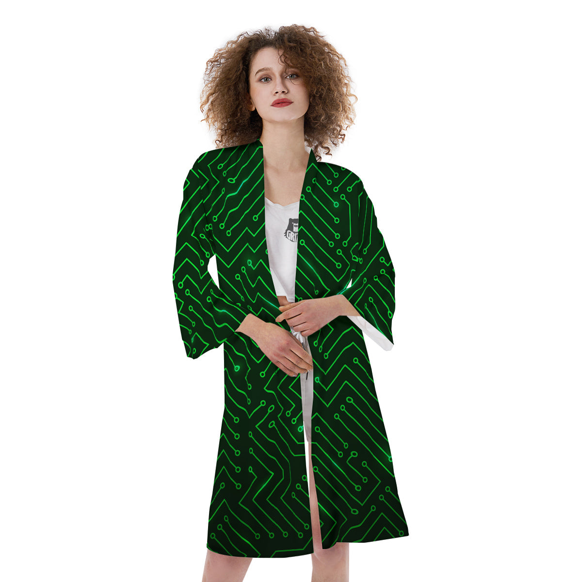Futuristic Green Circuit Board Print Kimono-grizzshop