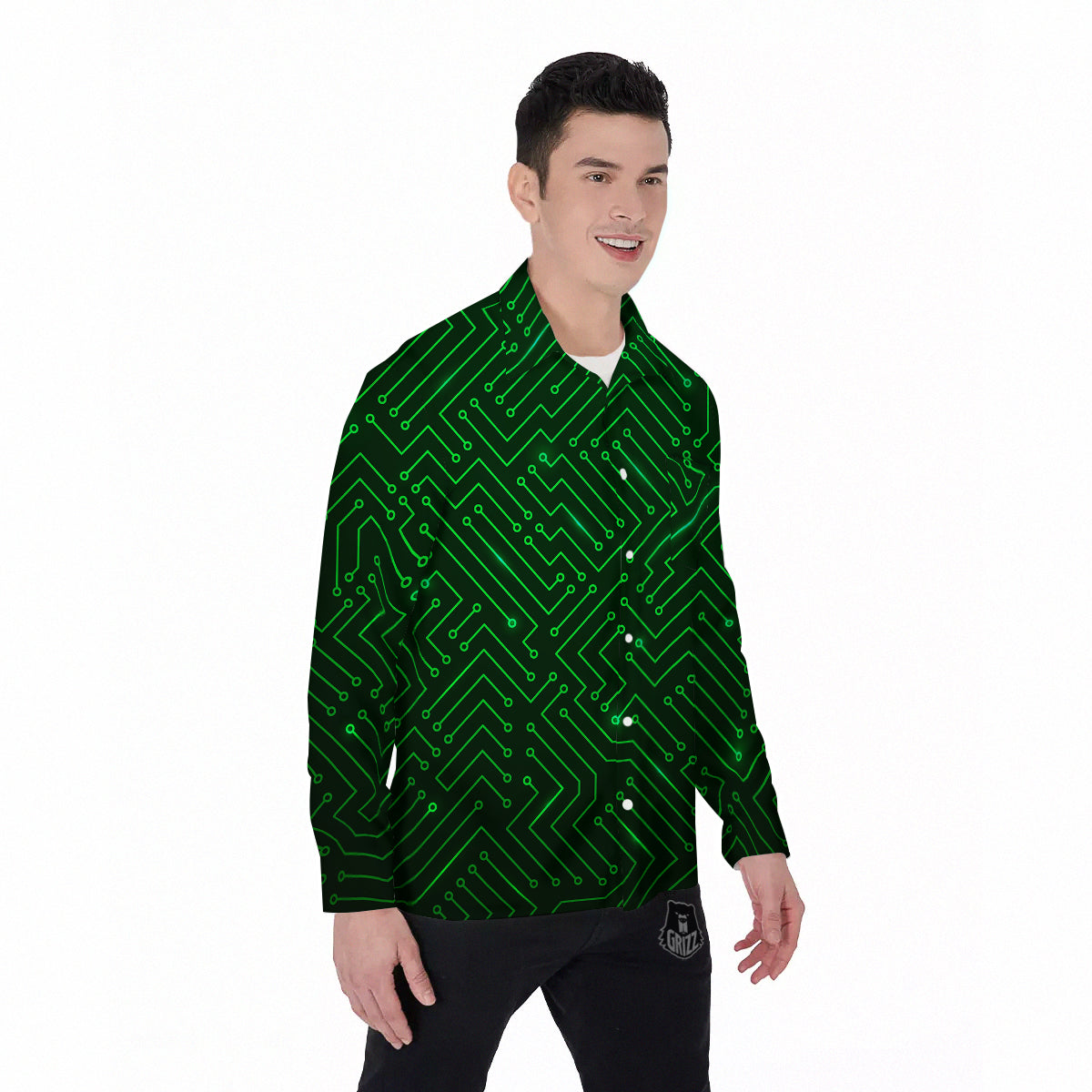 Futuristic Green Circuit Board Print Men's Long Sleeve Shirts-grizzshop