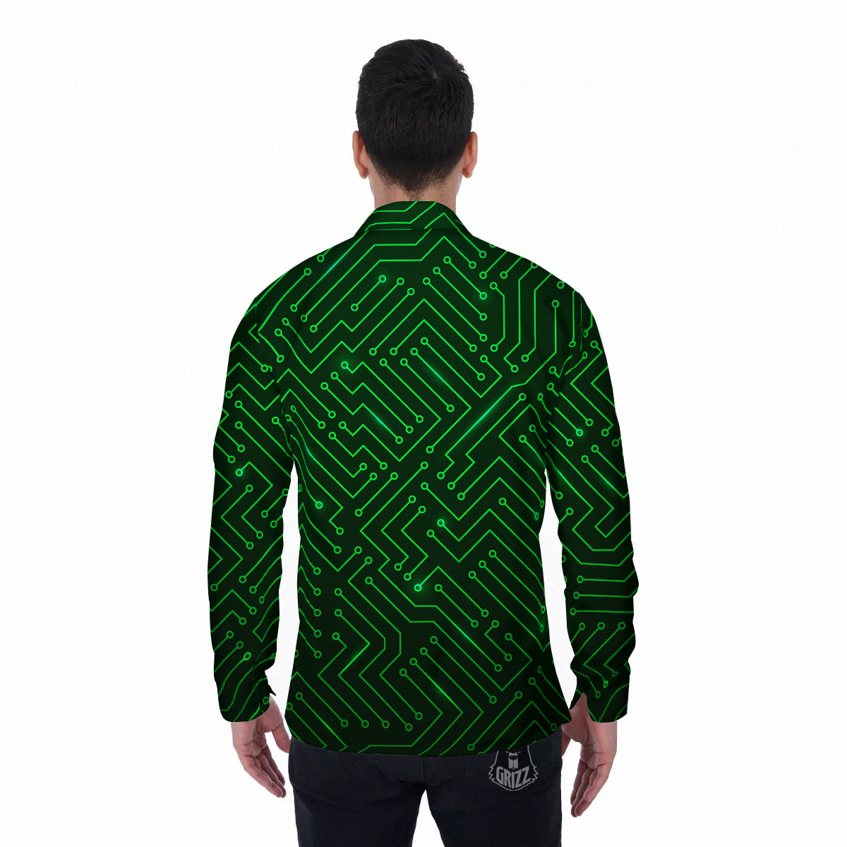 Futuristic Green Circuit Board Print Men's Long Sleeve Shirts-grizzshop