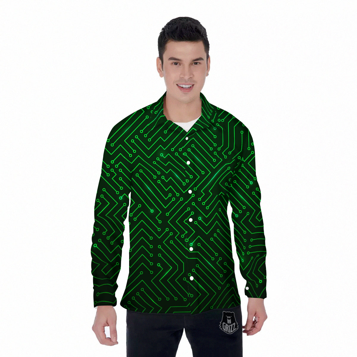 Futuristic Green Circuit Board Print Men's Long Sleeve Shirts-grizzshop