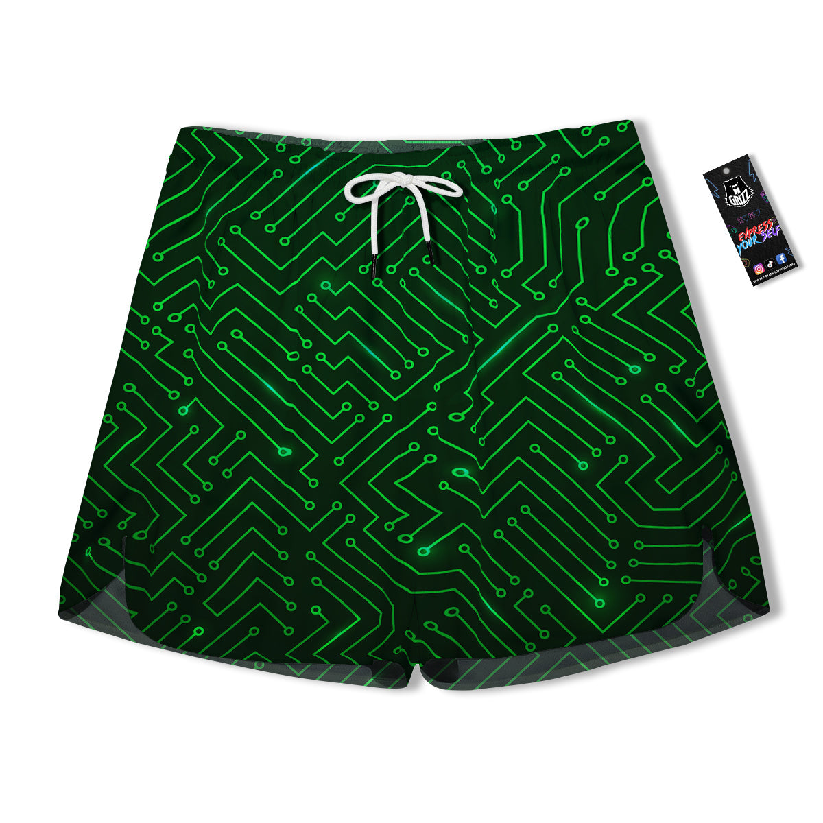 Futuristic Green Circuit Board Print Men's Running Shorts-grizzshop