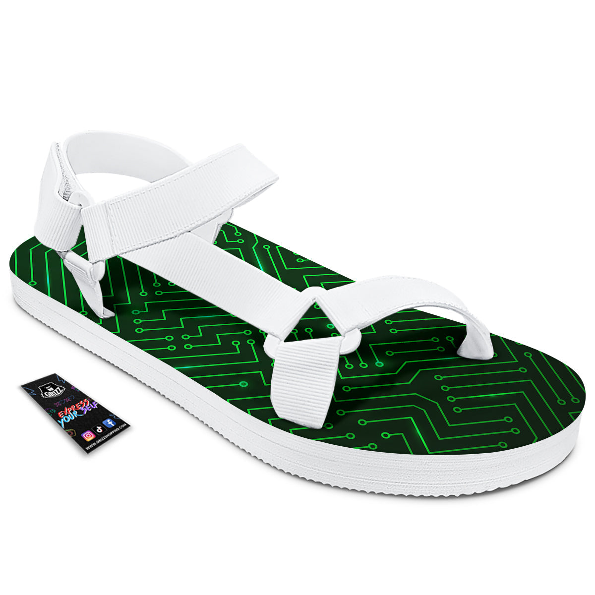 Futuristic Green Circuit Board Print White Open Toe Sandals-grizzshop