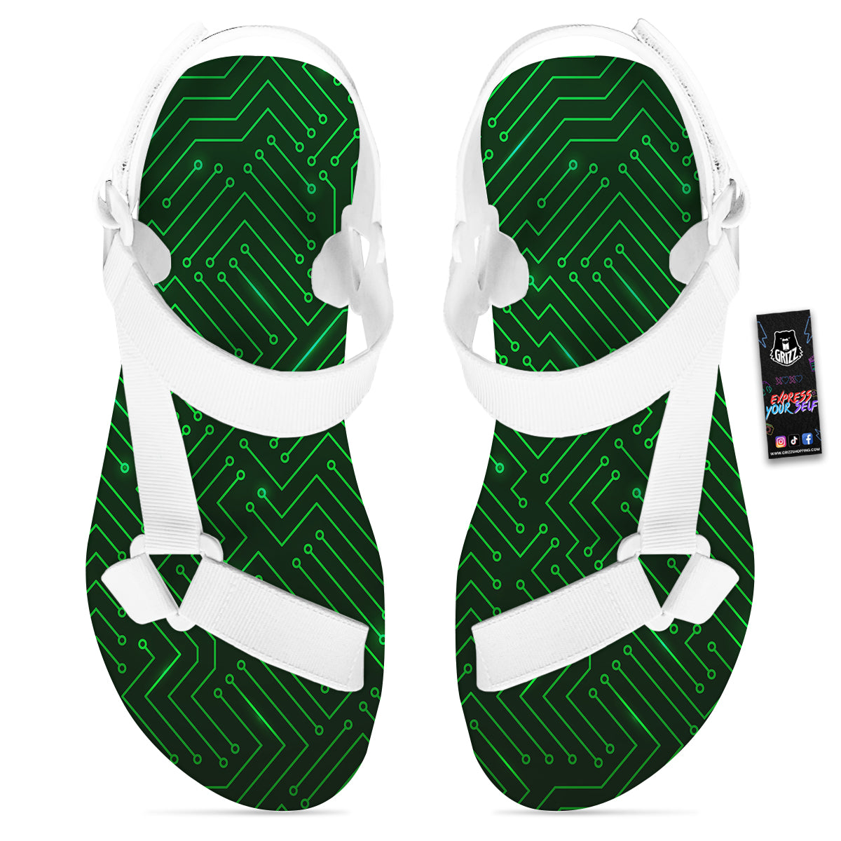 Futuristic Green Circuit Board Print White Open Toe Sandals-grizzshop