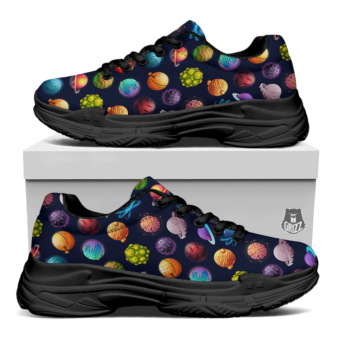 Futuristic Planets And Stars Colorful Print Pattern Black Chunky Shoes-grizzshop