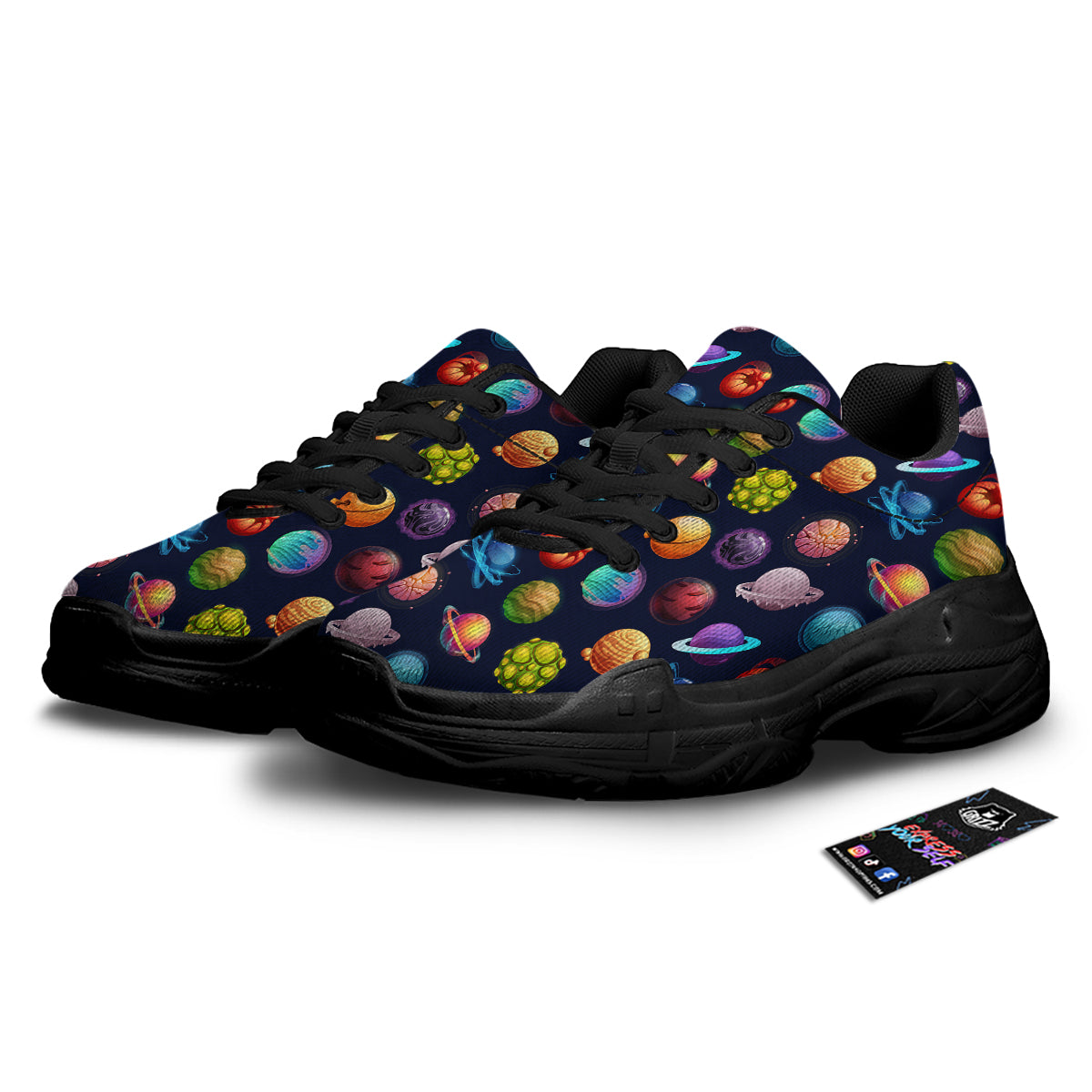 Futuristic Planets And Stars Colorful Print Pattern Black Chunky Shoes-grizzshop