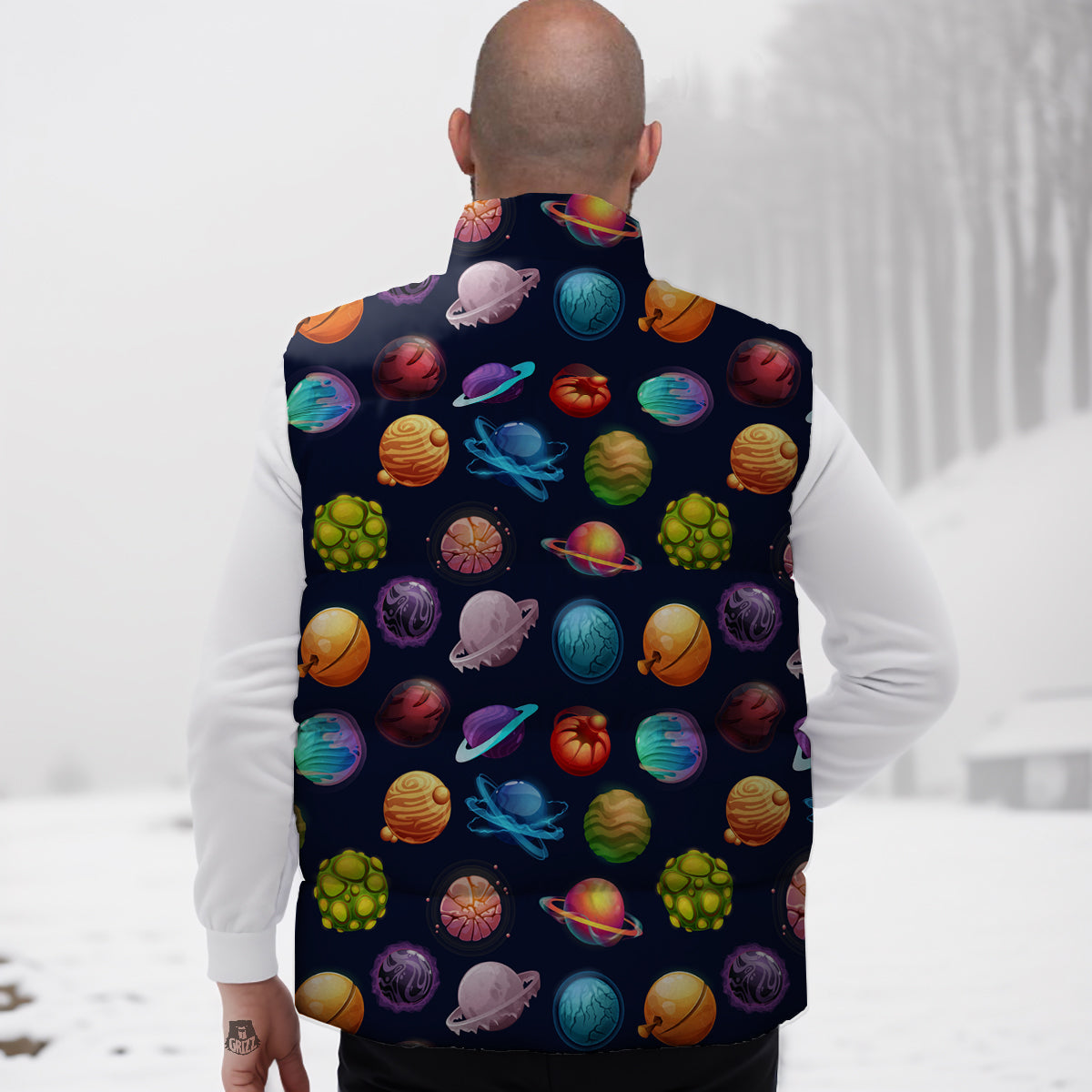 Futuristic Planets And Stars Colorful Print Pattern Down Vest