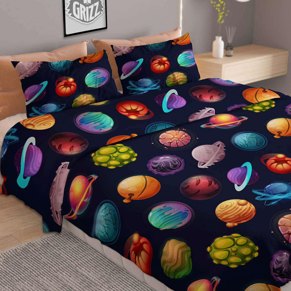 Futuristic Planets And Stars Colorful Print Pattern Duvet Cover Bedding Set