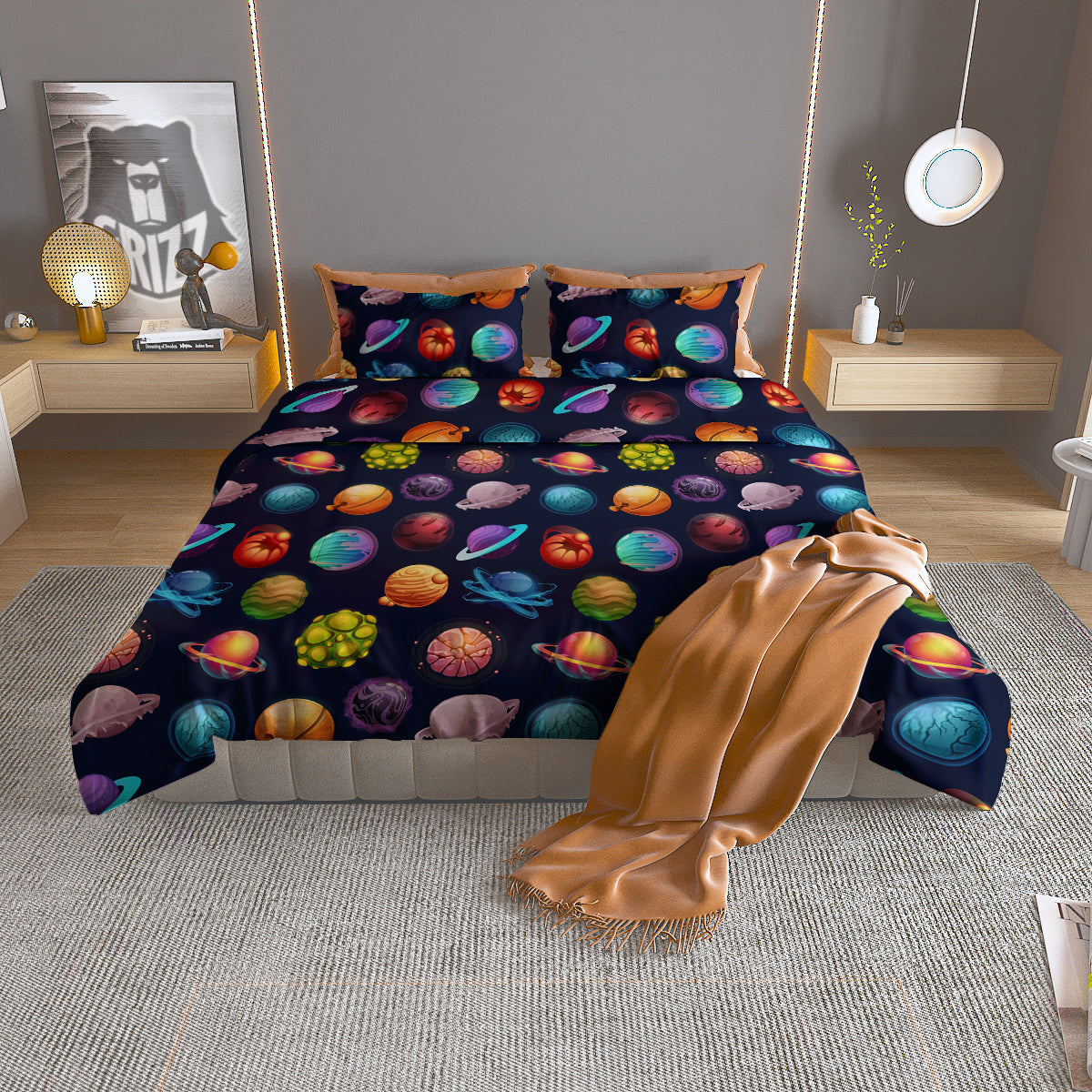 Futuristic Planets And Stars Colorful Print Pattern Duvet Cover Bedding Set