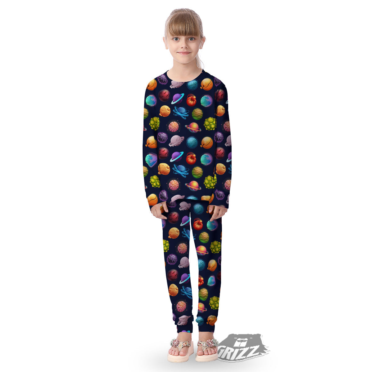 Futuristic Planets And Stars Colorful Print Pattern Kid's Pajamas-grizzshop