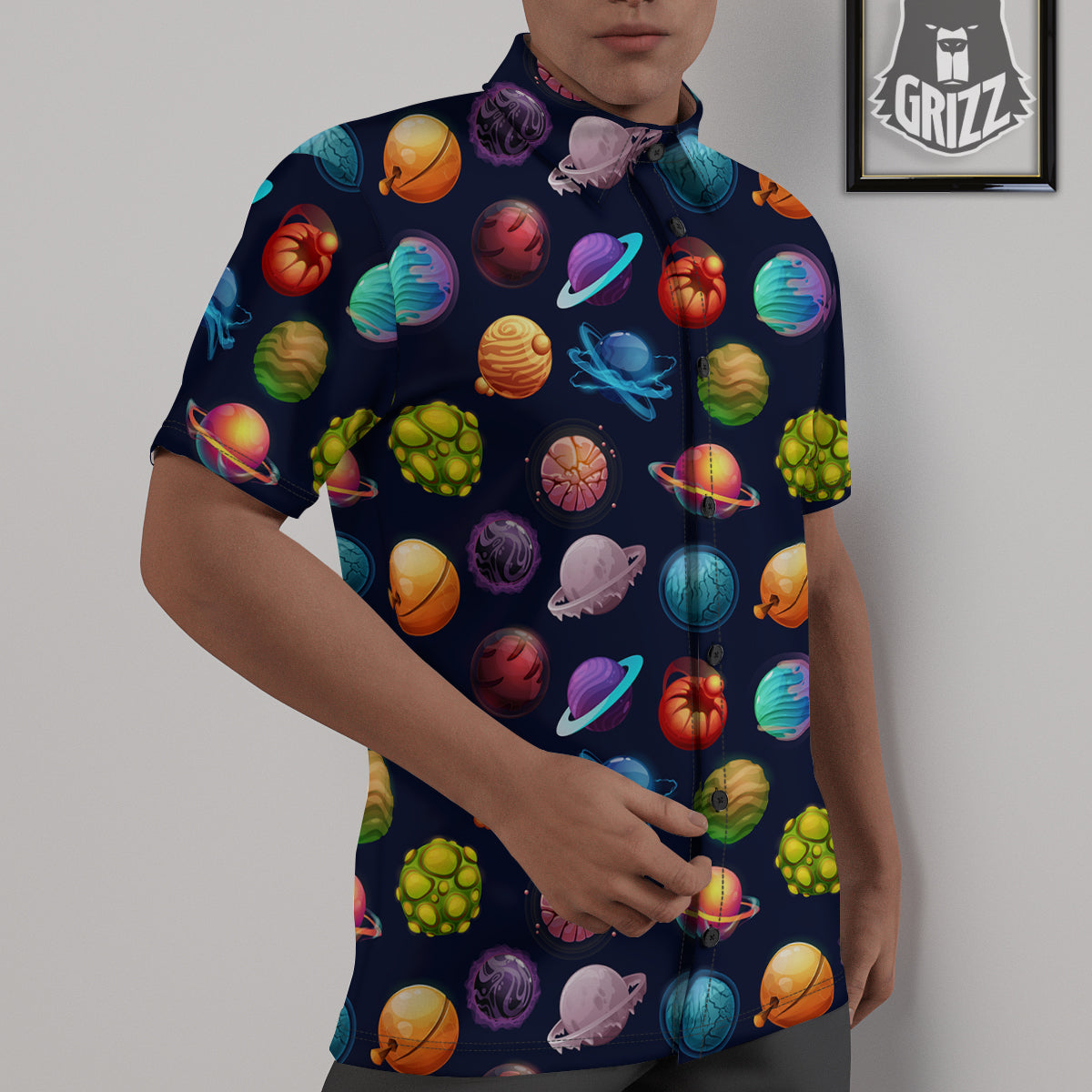 Futuristic Planets And Stars Colorful Print Pattern Untucked Shirts-grizzshop