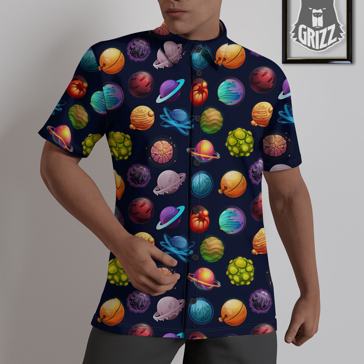 Futuristic Planets And Stars Colorful Print Pattern Untucked Shirts-grizzshop