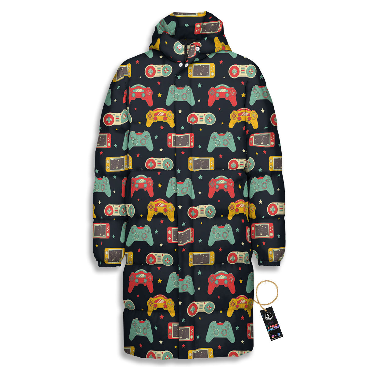Gadgets Video Game Print Pattern Long Down Jacket-grizzshop