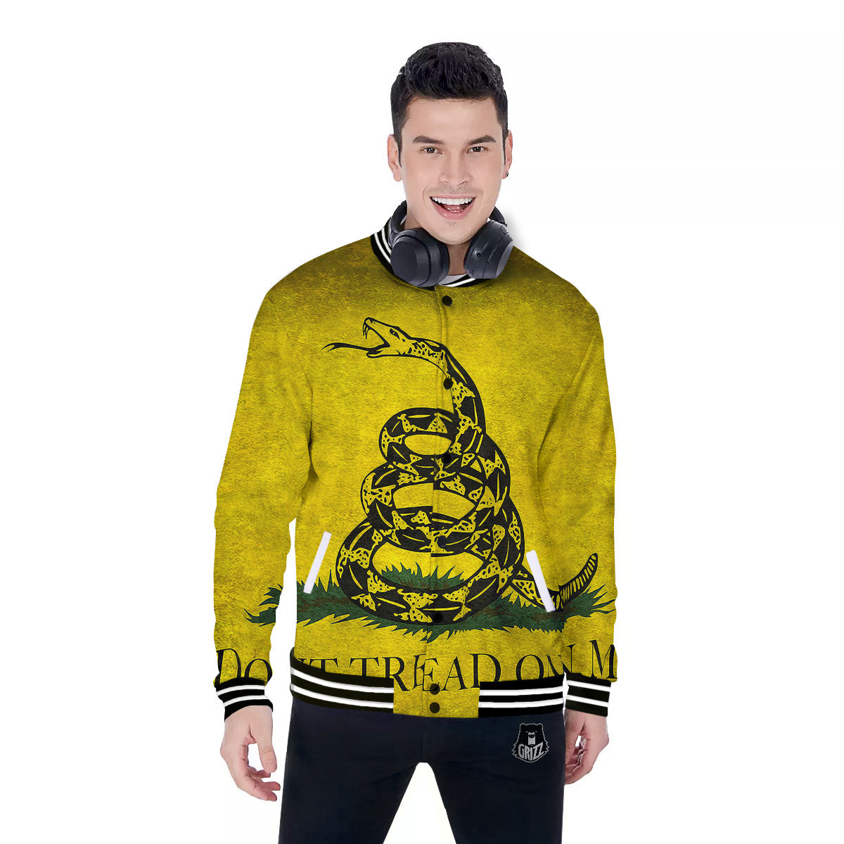 Gadsden Flag Grunge Print Baseball Jacket-grizzshop