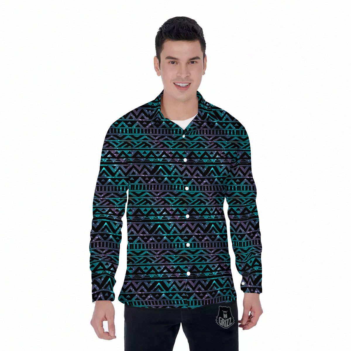 Galaxy Aztec Tribal Print Pattern Men's Long Sleeve Shirts-grizzshop