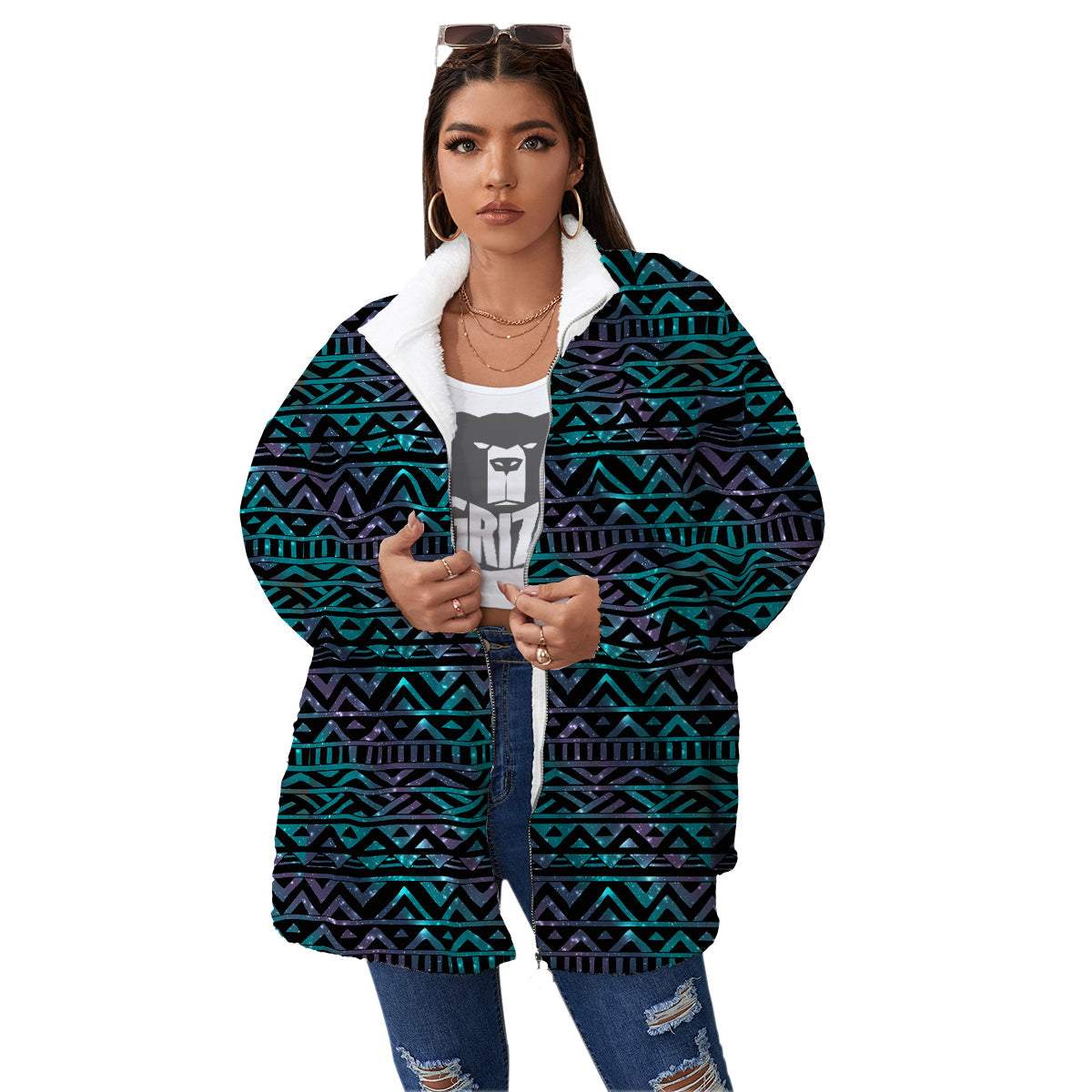 Galaxy Aztec Tribal Print Pattern Women's Sherpa Jacket-grizzshop