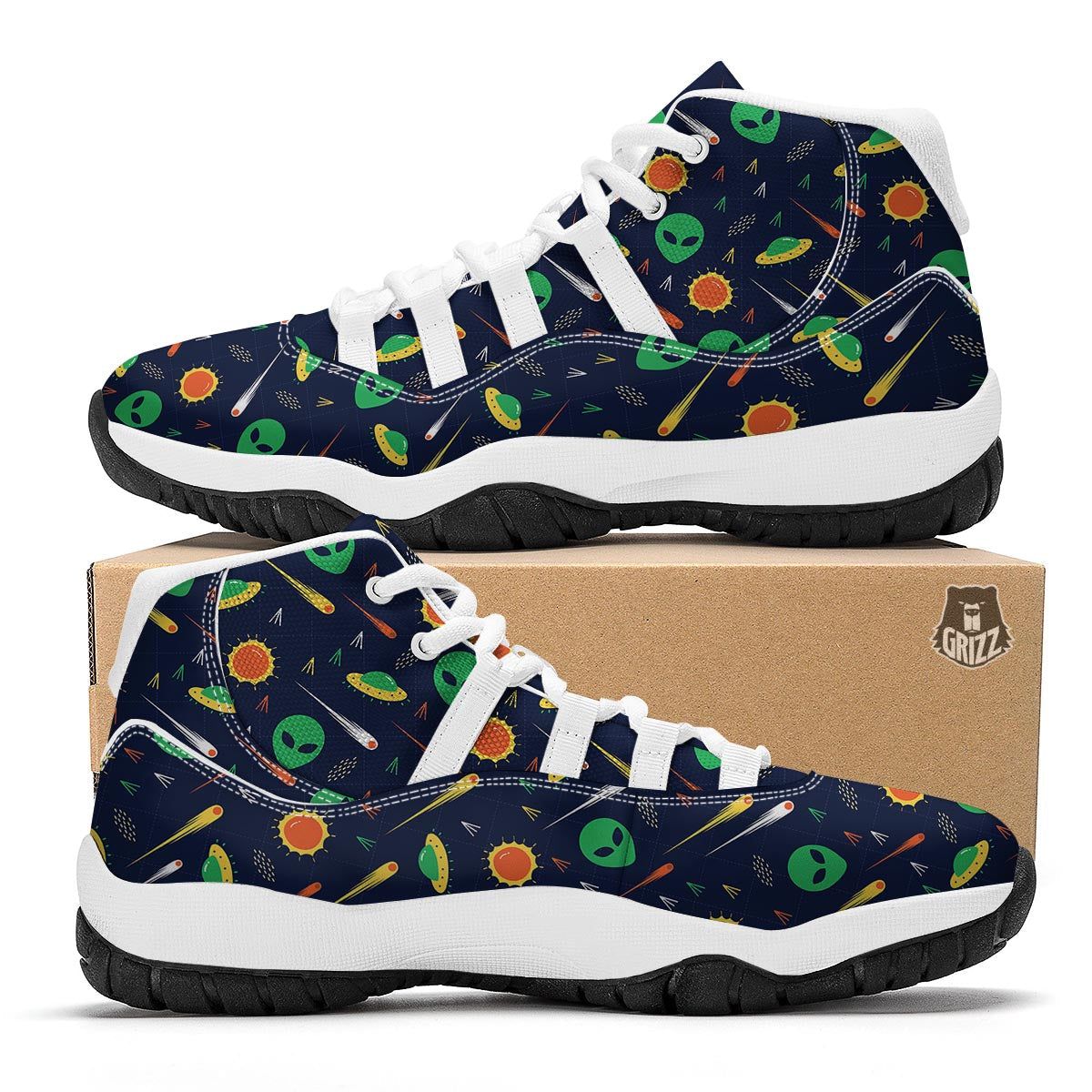 Galaxy Comet Alien Ufo Pattern Print White Bball Shoes-grizzshop