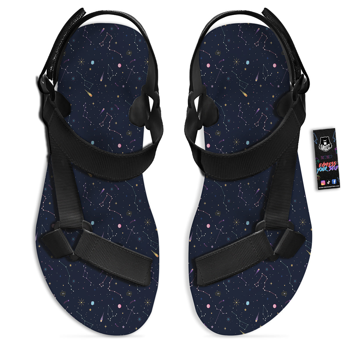 Galaxy Constellation Print Pattern Black Open Toe Sandals-grizzshop