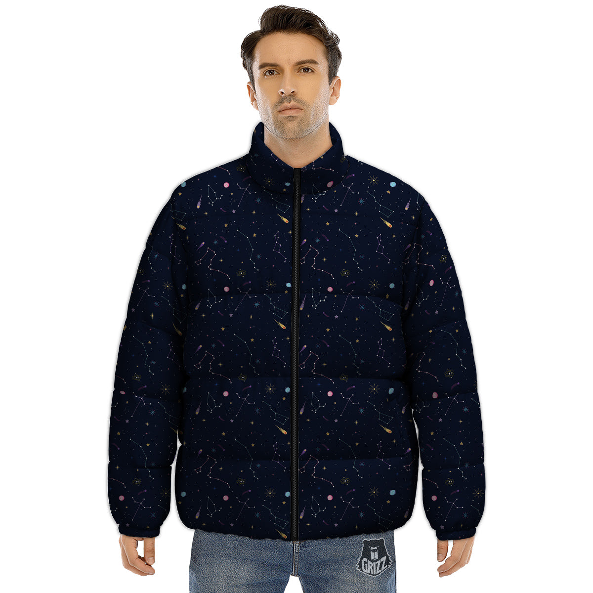 Galaxy Constellation Print Pattern Puffer Jacket-grizzshop